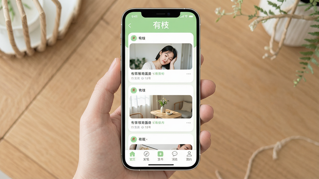 ��֦App������ȫòչʾ���ֻ���Ļ������ʾ��ˬ����Ϣ����Ƭ������ͼƬ�ͼ�����ֶ�̬�������С���֦������Logo���ײ�������Ϊ��ҳ�����֡���������Ϣ���ҵ����ͼ�꣬������ɫ��ǳ�̺Ͱ�ɫΪ�������ָɾ����׶࣬��񼫼����գ�ϸ��Բ���޹�浯�������������������޶���Ԫ��