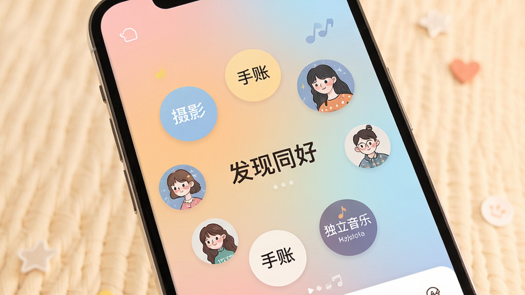 ��֦App��ȤȦ�ӽ���չʾ���ֻ���Ļ��ʾ���Բ����Ȥ��ǩ�硰��Ӱ�������ˡ����������֡����û�ͷ��Χ�Ʊ�ǩ���У�����Ϊ��͵Ľ���ɫ�������м��С�����ͬ�á����֣������ܰ�罻��ǿ�����ִ������£�ϸ�ھ��¸ɾ�