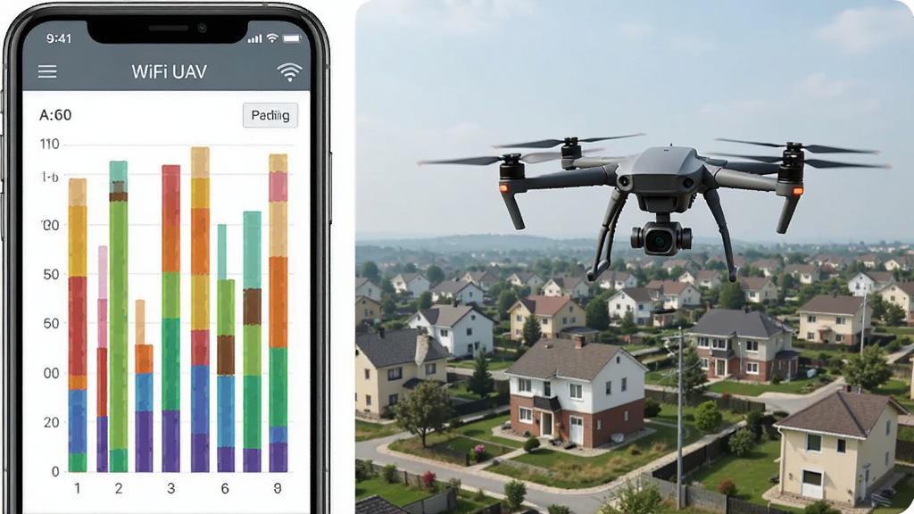һ��WiFi UAV�����ŵ����������ͼƬ������������ֻ���Ļ��ʾ��ɫ�ŵ�ռ����״ͼ���Ҳ������˻���С���Ͽշ��еĳ�������Ļ����