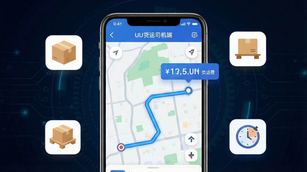 画面中心是一部大屏智能手机,屏幕显示“UU货运司机端”的地图导航界面,地图上有一条高亮的蓝色路线从起点连接到目的地,路线旁边浮动显示着运费金额和货物吨位标签。手机周围环绕着几个悬浮的货运图标,比如纸箱、托盘和时钟。布局为手机竖屏居中,背景为深色科技感渐变。排版简洁突出手机屏幕内容,风格为扁平化UI展示风格,细节上手机边缘有轻微反光,图标圆润清晰,画质干净无噪点,无多余装饰元素。