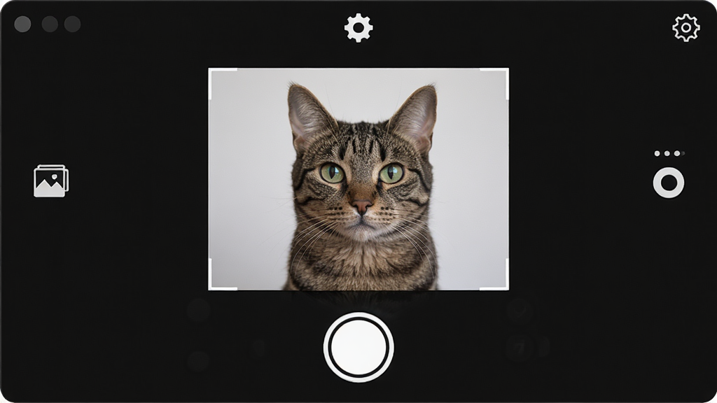 һ��չʾLincam��������������дͼƬ����������ɫ����Ϊ��������ȡ��������ʾһֻè���ײ��а�ɫԲ�ο��Ű�ť����������ͼ�꣬�Ҳ��Ǿ�ͷ�л�ͼ�꣬���������ó���ͼ�꣬������������񼫼��޶�������Ԫ��