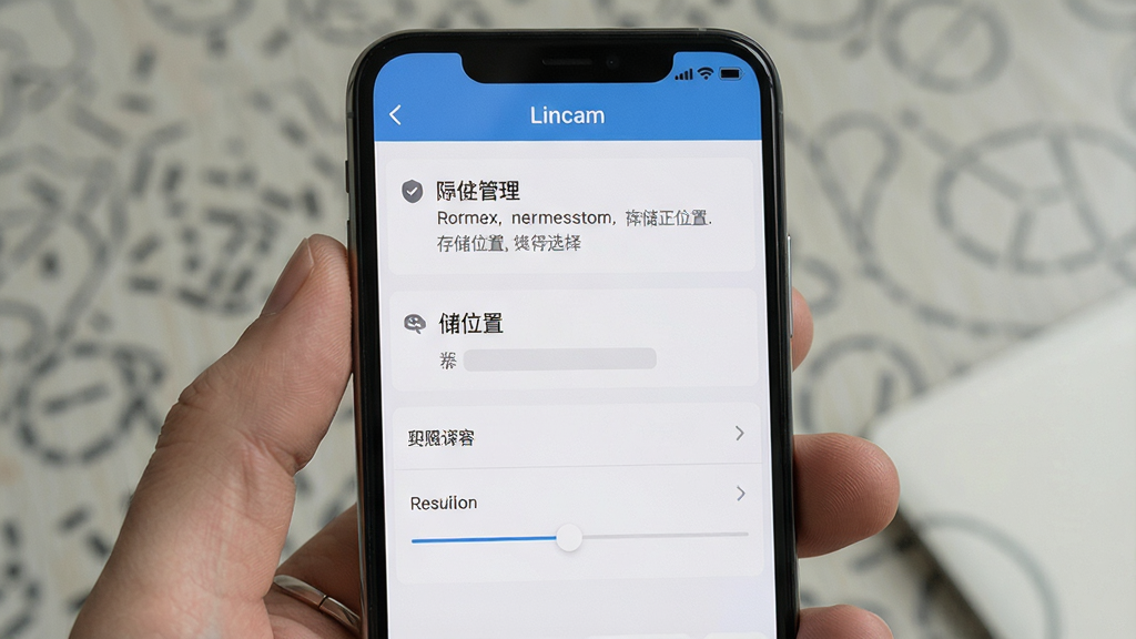 һ���ֻ���ĻչʾLincam�������ý����ͼƬ�������а���Ȩ�޹������洢λ��ѡ�񡢷ֱ��ʵ��ڵ�ѡ��������������ֱ�ǩ��ȷ��������ִ������ʸɾ��޶���Ԫ��