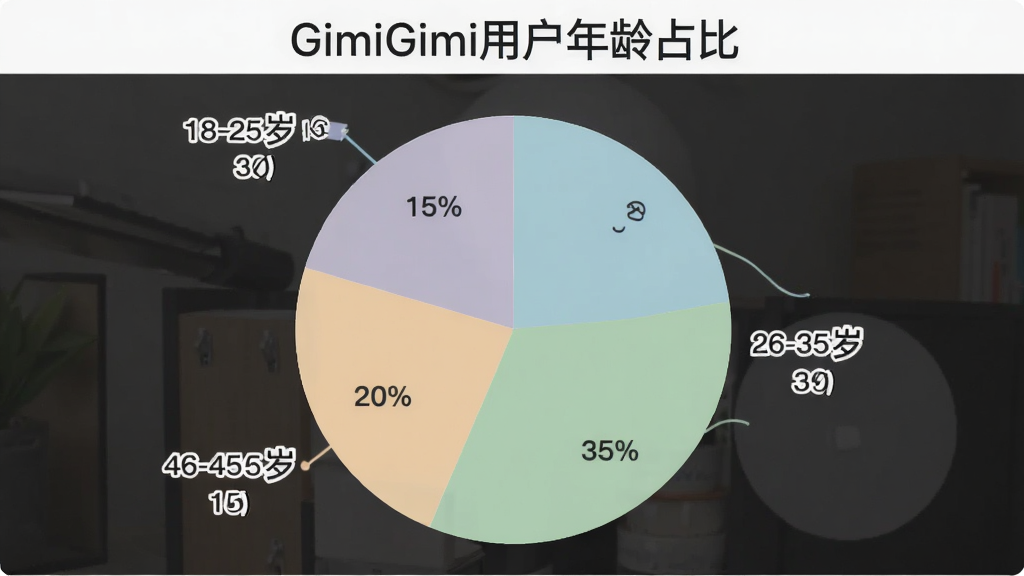 һ��չʾGimiGimi�û�����ֲ��ı�״ͼ��ͼ������Ϊ��GimiGimi�û�����ռ�ȡ���ͼ����ʾ18-25��ռ30%��26-35��ռ35%��36-45��ռ20%��46-60��ռ15%����ɫ��ͣ���ע����������࣬���ʸɾ����޶���Ԫ��