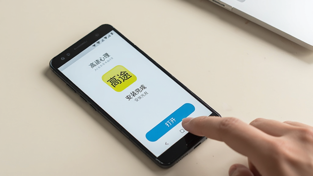 ����չʾһ����׿�ֻ����������ϣ���Ļ��ʾ����;������App�İ�װ��ɽ��棬�Ա���һֻ����׼��������򿪡���ť�������Ǽ���ǳɫ���棬���дʵ������������ϸ�ڸɾ��������������޶���Ԫ��