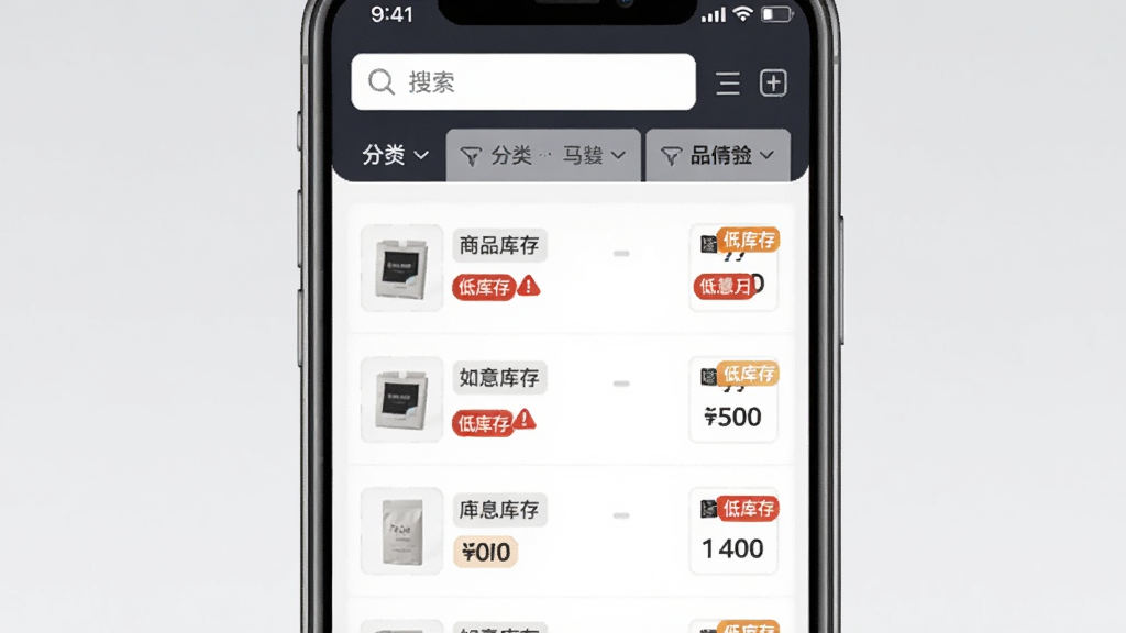 һ��չʾ����곤������Ʒ�����������ͼƬ��������һ���ֻ���Ļ��ʾ��Ʒ�б���ÿ����Ʒ�Ա��п��������ǩ��������Ʒ���еͿ���ɫ���ѱ�ʶ����Ļ�Ϸ���������ͷ���ɸѡ��ť������Ϊǳ��ɫ�����岼�������������ʵ�ã����ʸɾ����޶���Ԫ��