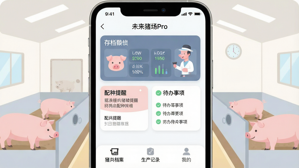 一张展示智能手机屏幕的图片,屏幕中显示“未来猪场Pro”应用主界面,界面顶部有猪场存栏数据看板,中间是配种提醒和待办事项卡片,底部为猪只档案、生产记录、我的三个选项卡,背景是干净的浅色猪场插画风格,画面主体为手机与界面,布局居中,风格现代扁平化,细节圆润清晰,画质干净无多余元素
