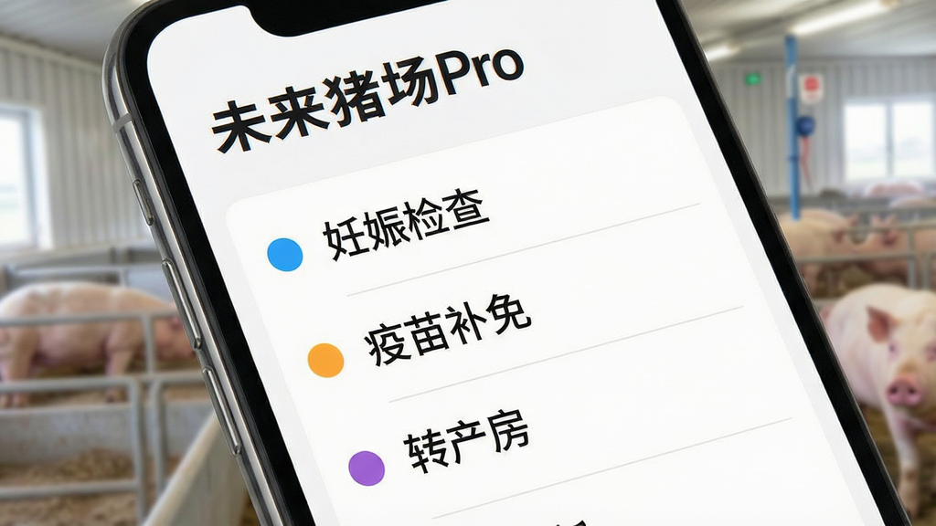 一张展示“未来猪场Pro”智能提醒功能的图片,画面主体为手机屏幕特写,屏幕上显示待办事项列表,包含“妊娠检查”“疫苗补免”“转产房”等条目,每条前面有彩色圆点标记,布局为纵向列表,风格简洁明快,细节清晰,画质干净无多余元素