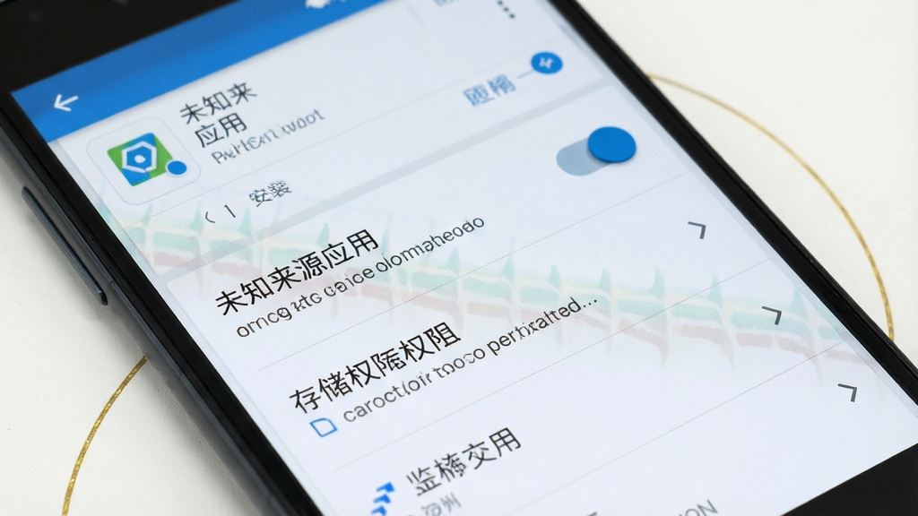 一张展示安卓手机安装应用时权限设置界面的图片,画面主体为手机屏幕特写,屏幕上显示“未知来源应用”安装权限开关和存储权限选项,布局为纵向设置列表,风格简洁系统原生,细节清晰,画质干净无多余元素