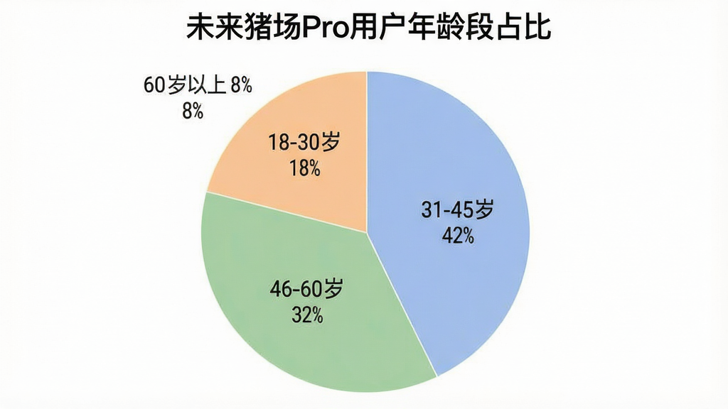 一张展示用户年龄分布的饼状图,图表标题为“未来猪场Pro用户年龄段占比”,饼图分为四个扇区分别标注“18-30岁 18%”“31-45岁 42%”“46-60岁 32%”“60岁以上 8%”,配色柔和清晰,布局居中,风格简洁数据可视化,细节干净,画质清晰无多余元素