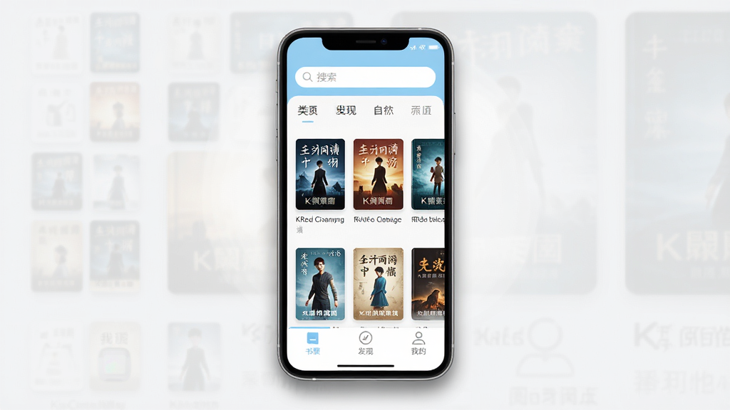 һ��չʾKRed�Ķ�����������ֻ�App��ͼ�������������ֻ���Ļ����Ļ����ʾ�������ҳ�棬�������������ͷ����ǩ���м������ż���С˵���棬�ײ�����ܡ����֡��ҵ���������ͼ�꣬�����԰�ɫ��ǳ��ɫΪ��ɫ���������ˬ��ƽ���ֻ���Χ����΢��Ӱ����⣬����Ϊ�ɾ���ǳ��ɫ�����������ɾ����޶���Ԫ��