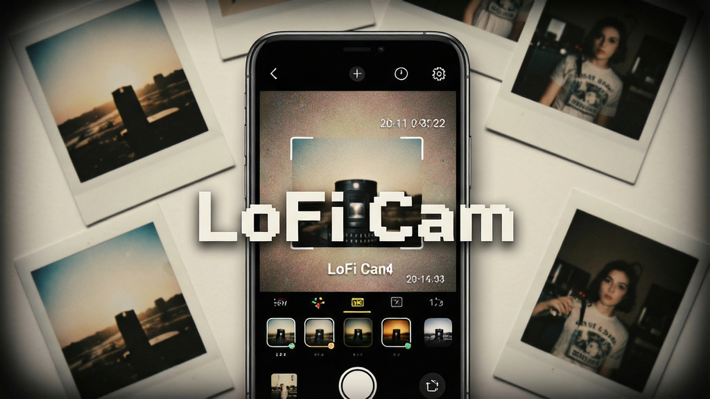 һ��չʾLoFi Cam��������ȫò��ͼƬ��������һ���ֻ���Ļ��ʾ�Ÿ��Ž�Ƭ������棬��Ļ����ȡ������˾�ѡ�������Ա�ɢ���ż��������÷��ĸ�����Ƭ������Ϊ�ֻ����С���Ƭ���ƣ��Ű�������£����Ϊ���Ž�Ƭ�����ƽ��UI��ϣ�ϸ�ڰ�����Ƭ�����ʸС�����ˮӡ������Ч�������������ɾ����޶���Ԫ�أ�ͼƬ�д����֡�LoFi Cam����