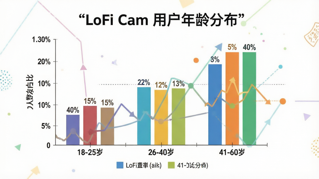 һ��չʾLoFi Cam�û�����ֲ�����״ͼ����������״ͼͼ��������Ϊ����Ρ�18-25�ꡱ��26-40�ꡱ��41-60�ꡱ������Ϊ����ռ�ȣ�����Ϊͼ�����С��������Ϸ����Ű������ˣ����Ϊ��ƽ����Ϣͼ��ϸ�ڰ�����ͬ��ɫ�����ӡ��ٷֱ����ֱ�ע��ͼ��˵���������������ɾ��޶���Ԫ�أ�ͼƬ�д����֡�LoFi Cam �û�����ֲ�����