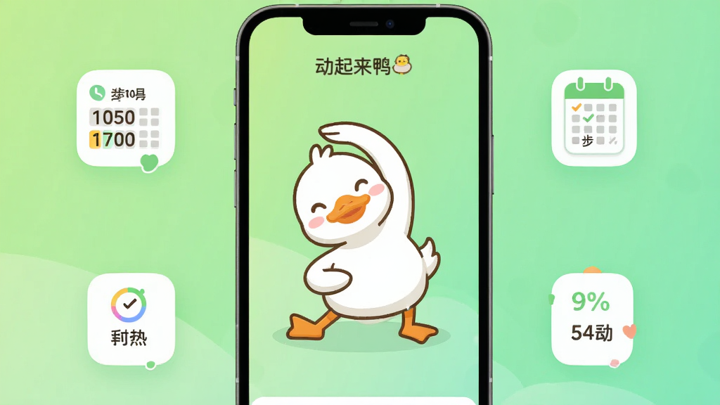 一张展示“动起来鸭”软件核心界面的手机屏幕画面,画面中央是一只卡通鸭子形象正在做伸展运动,周围环绕着步数记录、打卡日历、运动目标等小图标,背景是清新的浅绿色渐变,风格扁平可爱,细节圆润,画质干净清晰,无多余元素