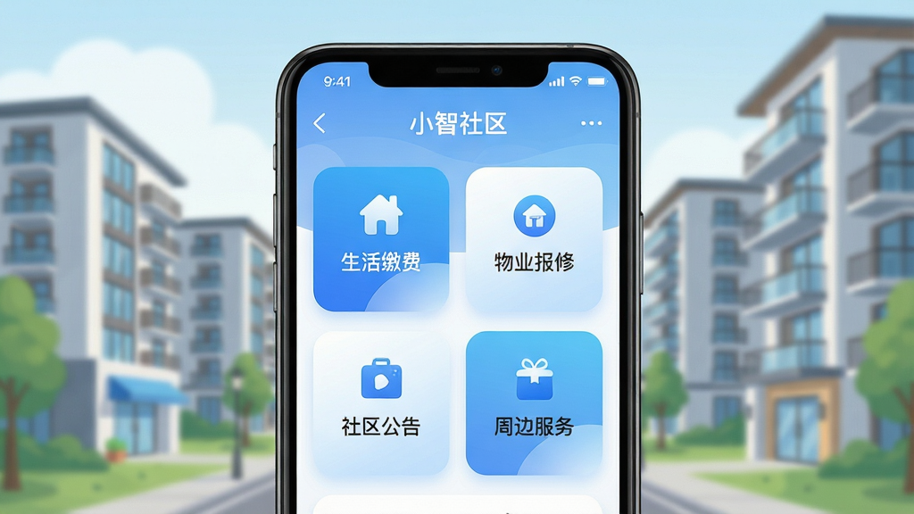 һ��չʾС������App���Ľ�����ֻ�����ͼ�������������ֻ���Ļ����Ļ����ʾС��������ҳ����������ɷѡ���ҵ���ޡ��������桢�ܱ߷����ĸ�������ڿ�Ƭ����Ƭ����Բ����ƣ���ɫΪ���׽��䣬�������黯���ִ�����¥��廭�����������¼�࣬ϸ�����������ʸɾ��������޶���Ԫ��