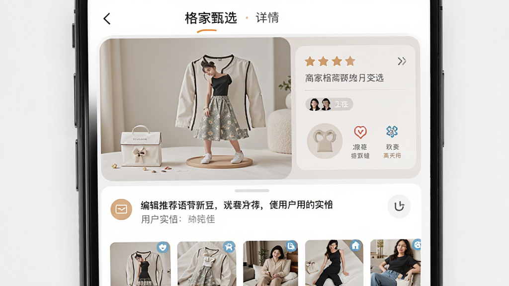 һ�š������ѡ��APP��Ʒ����ҳ���ֻ�����ͼ������Ϊ��Ʒ��ͼ���Ƽ����ɿ�Ƭ�������Ϸ�����Ʒ��ͼ���·��Ǳ༭�Ƽ�����û�ʵ������ͼ���Ű������в�Σ����Ϊ��ˬ�ĵ��̿�Ƭʽ��ƣ�ϸ�������ֱ�ǩ��ȷ��ͼ��Բ�󣬻��ʸ���ɾ��޶���Ԫ��