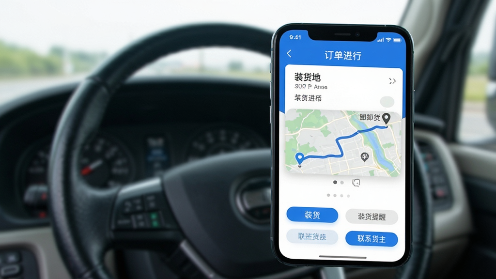 ����������˾��APP�г̹���ҳ�棬�ֻ���Ļ��ʾ���������е�״̬��Ƭ����װ����ж���ص�ͼ·��ʾ�⣬�·���װ�����Ѱ�ť����ϵ������ť����������ɫ���������Ǽ�ʻ�ҷ������黯�����������ɾ�