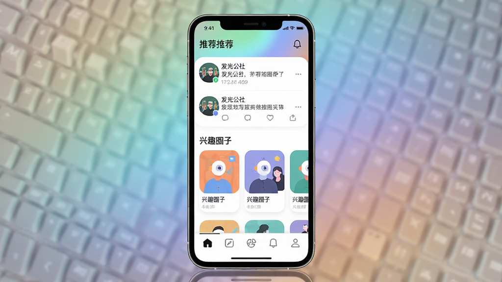һ��չʾ�����⹫�硱APP���Ľ�����ֻ�����ͼ������Ϊ�ֻ���Ļ������Ϊ�����Ƽ���Ϣ�����в���ȤȦ�ӿ�Ƭ���ײ����������Ű�����У����Ϊ�ִ���ƽ��UI��ƣ�ϸ���ϴ�����͵Ľ����Ч��Բ��ͼ�꣬���������ɾ����޶���Ԫ��