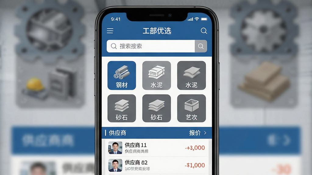 一张手机应用界面展示图,画面中央是“工部优选”APP的主页,顶部搜索栏醒目,中间是工程材料分类图标(钢材、水泥、砂石等),底部是供应商列表和报价信息流,整体风格简洁硬朗,蓝灰配色,工业风设计,文字清晰,画质干净,无多余装饰元素