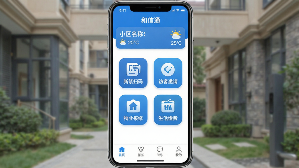 һ���ֻ�Ӧ�ý���չʾͼ�����������ǡ�����ͨ��App����ҳ�棬������ʾС�����ƺ�������Ϣ���м��������Ž�ɨ�롢�ÿ����롢��ҵ���ޡ�����ɷ��ĸ�Բ�ǹ���ͼ�꣬�ײ�Ϊ��ҳ��������Ϣ���ҵ��ĸ�������ǩ���������������ɫ�������ˬ�ִ���ͼ��ϸ��Բ�󣬻��ʸɾ��������޶���װ��Ԫ��