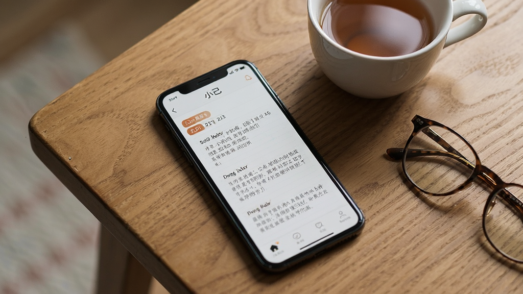 一张应用功能展示图,画面中一部手机平放在木质桌面上,屏幕显示“小己”的日记本界面,界面上有日期标签和几段文字记录,旁边放着一杯茶和一副眼镜,整体氛围安静舒适,风格生活化,画质清晰自然,无多余元素