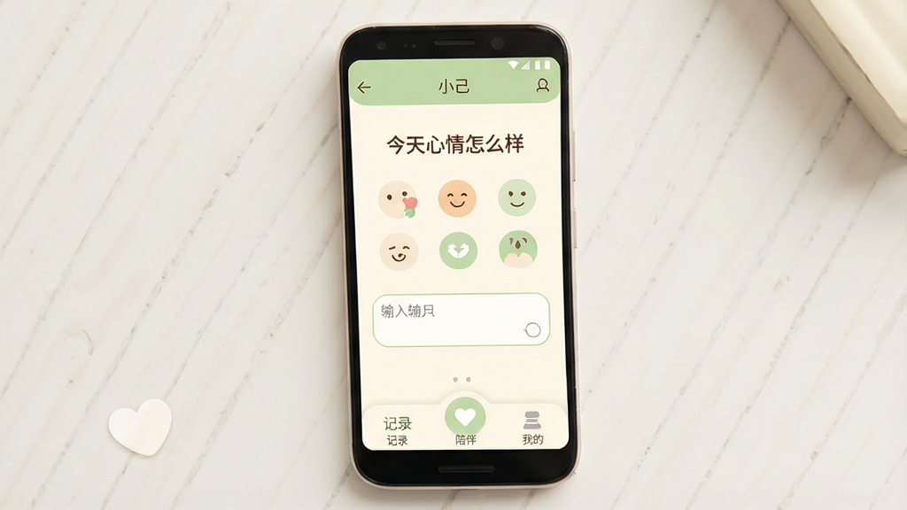 一张手机应用界面展示图,画面中央是一部安卓手机,屏幕显示“小己”应用的主界面,界面以柔和的米白色和浅绿色为主色调,顶部有“今天心情怎么样”的文字提示,中间是心情选择图标和输入框,底部为记录、陪伴、我的三个选项卡,整体布局简洁清爽,风格温暖治愈,细节圆润,画质干净清晰,无多余元素