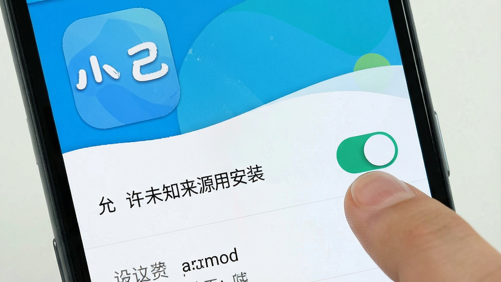 一张手机操作示意图,画面展示安卓手机设置界面中“允许未知来源应用安装”的开关按钮被手指点击,屏幕上方显示“小己”应用图标,整体画面明亮清晰,风格简洁直观,画质干净,无多余元素