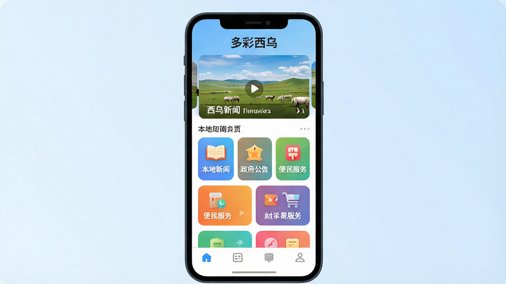 一张手机屏幕展示本地资讯APP首页的插画,画面主体是一部竖屏手机,屏幕内显示