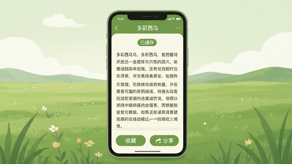 一张展示手机APP离线阅读功能的插画,画面主体是一部手机放在草原背景前,屏幕内显示