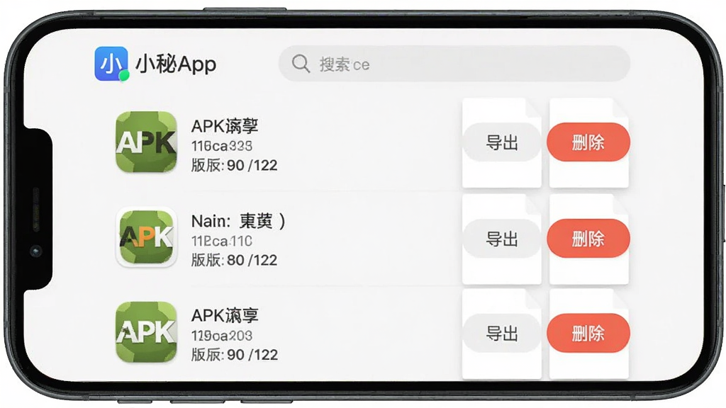 һ��չʾС��App��װ�����������ͼƬ���ֻ���Ļ�����г����APK�ļ���Ŀ��ÿ������Ӧ��ͼ�ꡢ���ơ��汾�ź��ļ���С���Ҳ��С��������͡�ɾ������ť�������С�С�ء���ʶ��������������Ϊǳɫ��������ִ������ʸɾ�