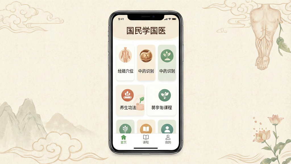һ��չʾ������ѧ��ҽ��App��������ֻ���ͼ���ͼƬ�������������ֻ���Ļ����Ļ����ʾApp��ҳ�������С�����ѧ��ҽ�����ֱ�ʶ���м�����ҽ�γ̷��࿨Ƭ���֣���������Ѩλ����ҩʶ������������ģ��ͼ�꣬�ײ�Ϊ��ҳ���γ̡��ҵ�����ѡ�������Ϊǳ��ɫ��ҽ������������������¼�࣬ϸ�ڸɾ������������޶���Ԫ��