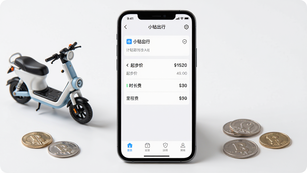 ����������һ�������ֻ�����Ļ����ʾ��С����С�App�ļƷ��˵�ҳ�棬ҳ�������𲽼ۡ�ʱ���ѡ���̷ѵ���ϸ�б����ֻ��Ա߰ڷ���һ������綯��ģ�ͺͼ�öӲ�ң�����Ϊ�ֻ����С�ģ����Ӳ�ҷ������ң��Ű��࣬���Ϊ����дʵ�磬ϸ�ڰ�����Ļ�ϵ����֡��б��ָ��ߺ�ͼ�꣬���ʸɾ����޶���Ԫ��