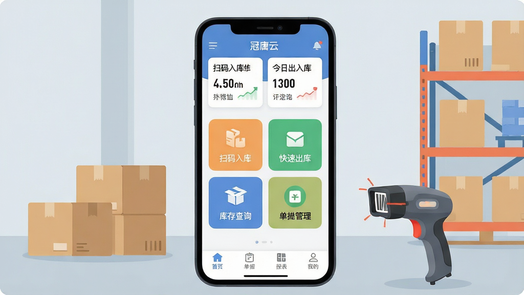 一张展示冠唐云仓库管理手机应用主界面的场景图,画面中央是一部竖屏智能手机,屏幕内显示软件首页,顶部是仓库名称和今日出入库统计卡片,中间是扫码入库、快速出库、库存查询、单据管理四个大图标按钮,底部是首页、单据、报表、我的四个导航标签,手机周围散落着纸箱、扫码枪、货架等仓库元素,背景为干净的浅灰蓝色,整体风格现代扁平化,细节圆润,画质干净清晰,无多余元素
