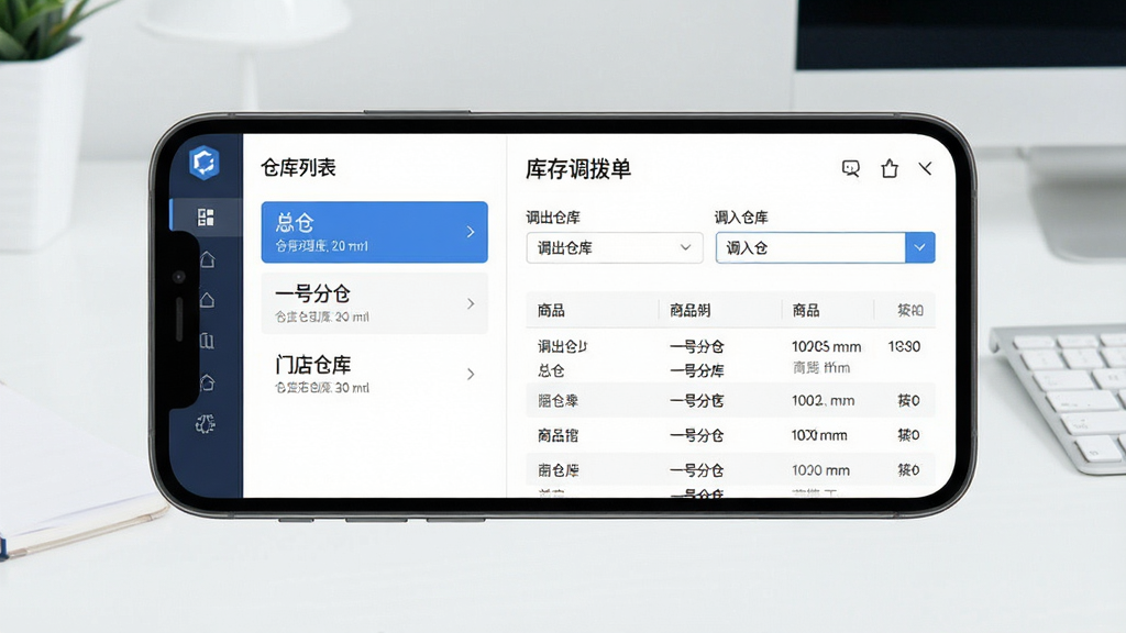 一张展示冠唐云仓库管理多仓库管理界面的示意图,画面中一部手机横屏显示,屏幕左侧是仓库列表包含总仓、一号分仓、门店仓库等条目,右侧是库存调拨单填写界面,有调出仓库和调入仓库选择框以及商品明细列表,背景为简洁的办公桌面,风格现代扁平,画质干净清晰,无多余元素