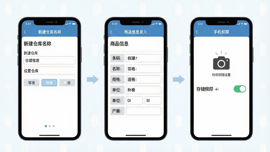 一张展示冠唐云仓库管理新手设置流程的步骤示意图,画面分为三个并排的手机屏幕,第一屏是新建仓库名称填写界面,第二屏是商品信息录入表单包含条码、名称、规格、单位等字段,第三屏是手机权限设置界面显示相机和存储权限开关,整体风格为扁平化教程插图,配色清爽,画质干净,无多余元素