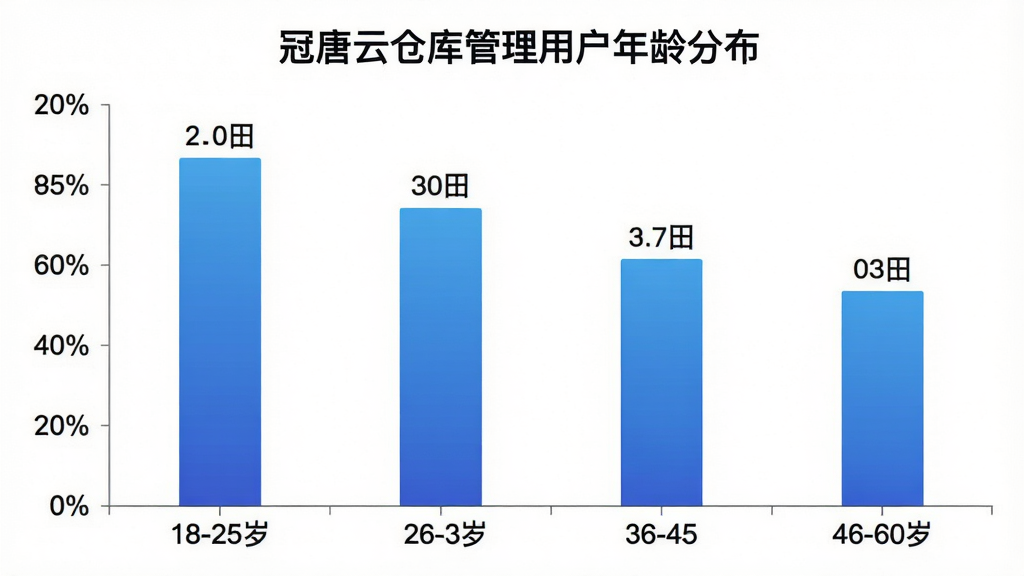 一张展示冠唐云仓库管理用户年龄分布的柱状图,横轴为年龄段18-25岁、26-35岁、36-45岁、46-60岁,纵轴为用户占比百分比,柱状颜色为渐变蓝色,每个柱子上方标注具体百分比数值,图表标题为冠唐云仓库管理用户年龄分布,整体风格简洁商务,画质干净清晰,无多余元素