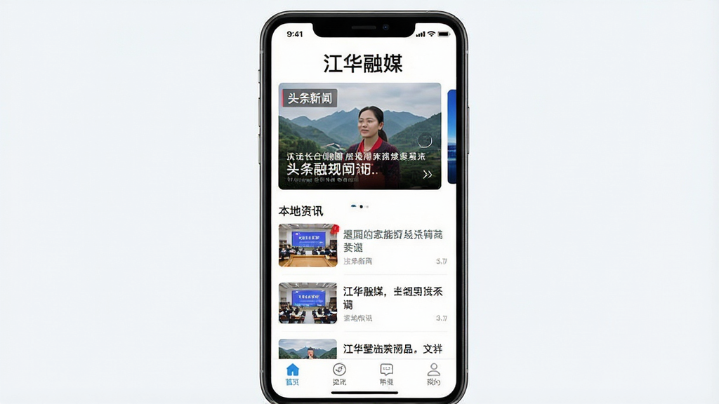 一张手机屏幕展示本地新闻资讯App的主界面,顶部有“江华融媒”字样,界面布局包含头条新闻轮播图、本地资讯列表和底部导航栏,风格简洁明亮,画质干净清晰,无多余装饰元素