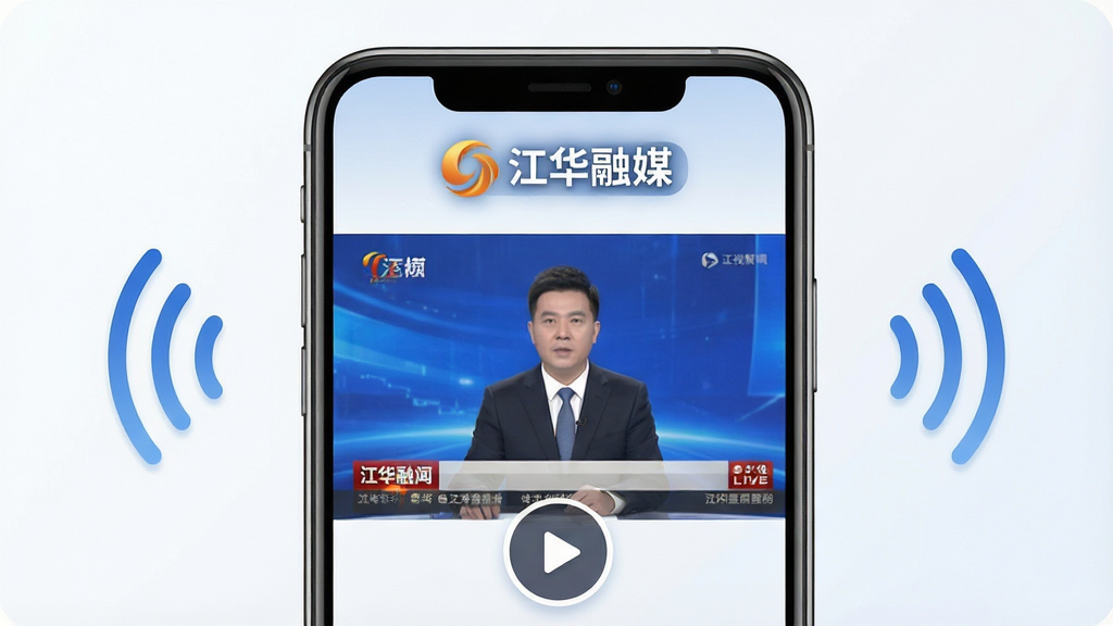 一幅展示手机中播放本地电视新闻直播的画面,屏幕上方有“江华融媒”标识,画面清晰流畅,周围有广播波形图标和播放按钮,风格现代简洁,画质干净明亮