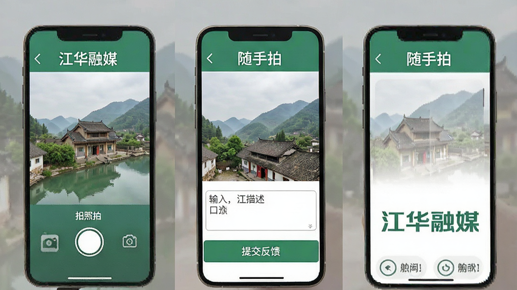 一张手机界面截图展示“随手拍”功能页面,包含拍照上传按钮、文字描述输入框和提交反馈选项,界面以“江华融媒”品牌色为主调,布局清晰,风格扁平化,画质干净无杂乱元素