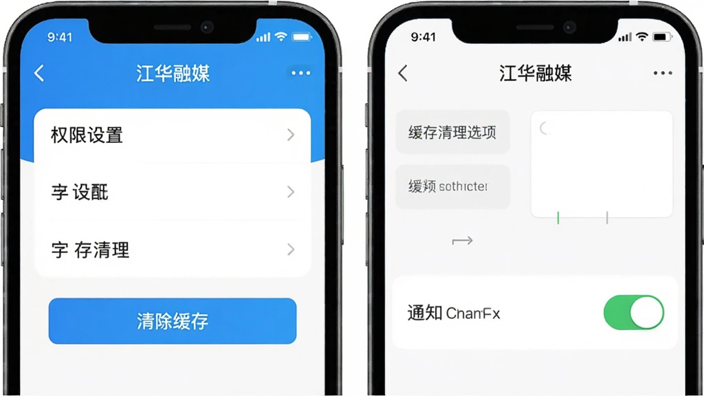 一张手机应用管理界面的示意图,展示“江华融媒”App的权限设置和缓存清理选项,界面干净整洁,带有清除缓存按钮和通知开关图标,风格直观易懂,画质清晰无杂乱