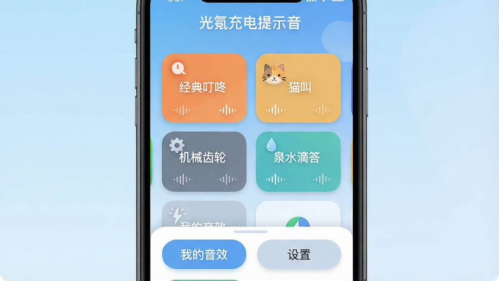 一张手机屏幕特写图,画面中央显示“光氪充电提示音”应用主界面,顶部是应用名称“光氪充电提示音”的标题栏,中间排列着多个音效卡片,包括“经典叮咚”“猫叫”“机械齿轮”“泉水滴答”等分类标签,底部是“我的音效”和“设置”两个按钮,整体布局简洁清爽,风格为现代扁平化设计,细节圆润,画质干净,无多余元素,背景为浅蓝色渐变