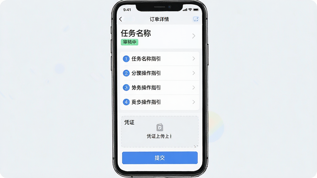 һ���ֻ�����ʾ��ͼ��չʾ�Ƶ�APP�Ķ�������ҳ�棬ҳ���Ϸ���ʾ�������ƺ�״̬��ǩ������С����м��Ƿֲ���Ĳ���ָ���б���ÿһ��ǰ����Բ����ű�ǣ��·���ƾ֤�ϴ�������ύ��ť���������ǳɫ����������ɫǿ��ɫ�����������в�Σ���������죬���ʸɾ�������Ԫ��