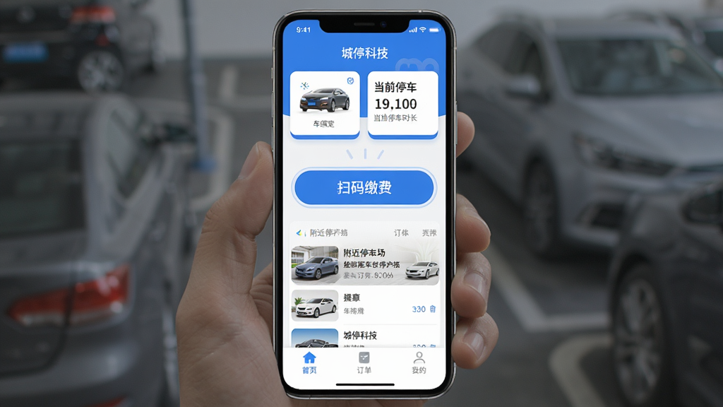 �ֻ���Ļ������ʾ����ͣ�Ƽ���App�����棬�����ǳ��ư��뵱ǰͣ��ʱ����Ƭ���в�Ϊ��Ŀ��ɨ��ɷѰ�ť�븽��ͣ�����б����ײ�������Ϊ����ҳ���������ҵġ���������ɫ����ƽ����Ʒ�񣬽���ɾ��޹�浯���������������޶���Ԫ��