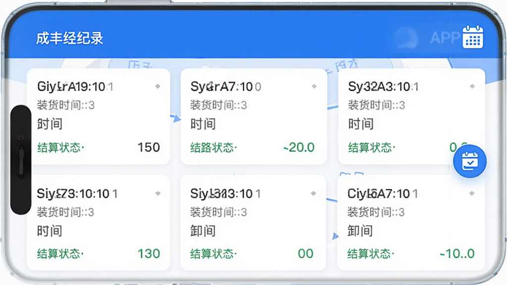 ���ɷᾭ���ˡ�APP������¼ҳ�棬��Ļ��ʾ���Ŷ�����Ƭ��ÿ�ſ�Ƭ��ע��װ��ʱ�䡢ж��ʱ�䡢��·�ͽ���״̬���Ա�������ɸѡͼ�꣬��������ɫ�Ͱ�ɫΪ����������������������񣬻��ʸɾ�