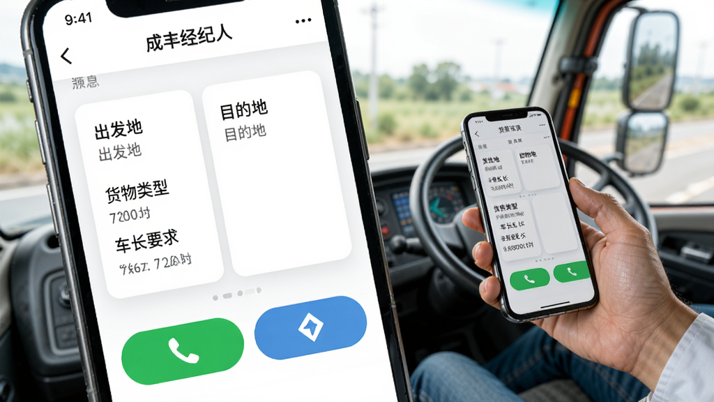 ���ɷᾭ���ˡ�APP��Դ����ҳ��д����Ļ����ʾ��Դ��Ϣ��Ƭ�����������ء�Ŀ�ĵء��������͡�����Ҫ���·�����Ŀ����ɫ�绰����ť�͵�����ť���Ա���˾���ֳ��ֻ��鿴�ĳ���������Ϊ������ʻ�ң����дʵ�����ʸɾ�