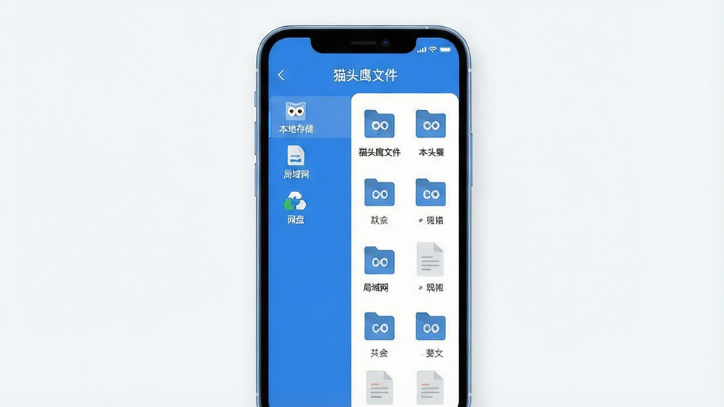 һ��չʾèͷӥ�ļ�Ӧ�ú��Ľ����ͼƬ���������ֻ���Ļ����Ļ����ʾèͷӥ�ļ�App�������棬����Ϊ��ർ�����Ҳ��ļ��б����������������ش洢�������������̵�ͼ�꣬�ļ��б�չʾ���ָ�ʽ�ļ�����������ͼ���Ű�Ϊ����չʾ�ֻ����档���Ϊ�ִ���ƽ���Ƽ��磬ɫ������ɫ�Ͱ�ɫΪ����ϸ�����ֻ��߿�Բ�󣬽�������������ע��èͷӥ�ļ��������ʸɾ��������޶���Ԫ�ء�