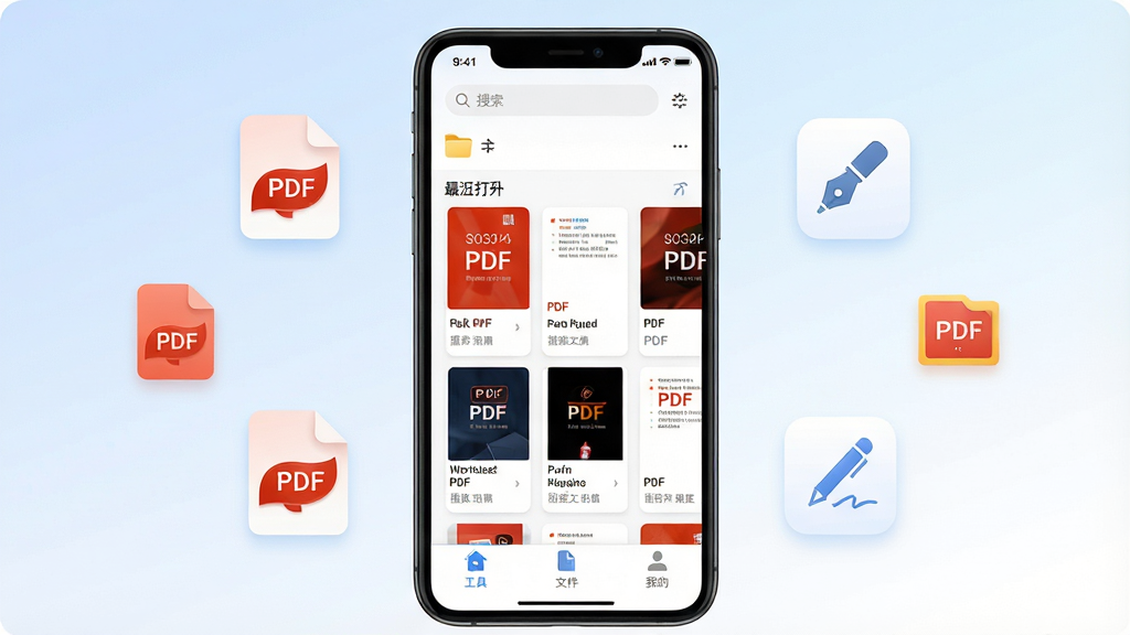 һ��չʾ���PDF�༭���ֻ���������Ĳ�Ʒȫòͼ������������һ�������ֻ�����Ļ����ʾ���PDF�༭�����ĵ��б���ҳ����������������ļ�����ڣ��в�������򿪵�PDF�ĵ���Ƭ���ײ��ǹ��ߡ��ļ����ҵ�����������ǩ���ֻ���ΧƯ����PDF�ļ�ͼ�ꡢ�༭��ͼ���ǩ��ͼ�꣬����Ϊǳ������ɫ����ͽ��䣬����ִ���ƽ��ϸ��Բ�󣬻��ʸɾ��������޶���Ԫ��