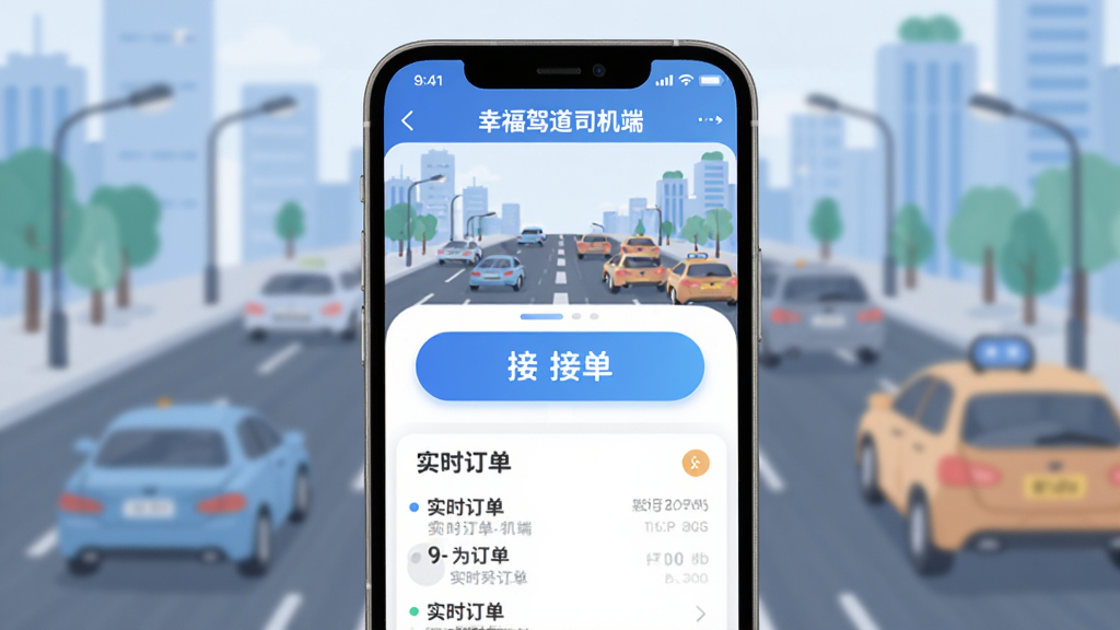 �ֻ���Ļչʾ���Ҹ��ݵ�˾���ˡ�Ӧ�������棬������������Ŀ�Ľӵ���ť��ʵʱ�����б�������Ϊ���е�·�복��Ԫ�أ����ּ������������ִ���ƽ����ϸ��Բ�󣬻��ʸɾ��޶���Ԫ��