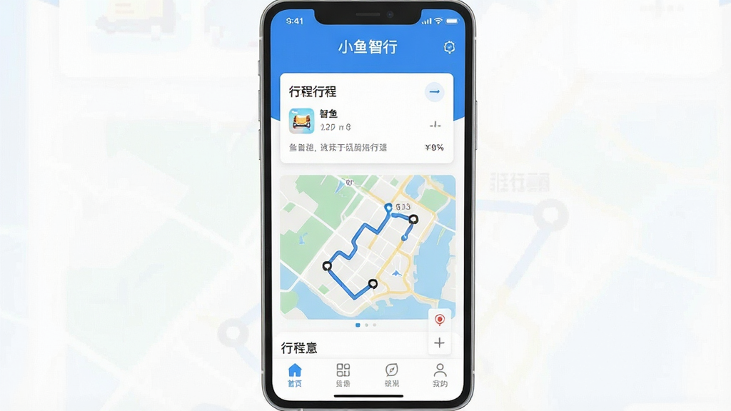 һ���ֻ�Ӧ�ý����ͼ�����������ǡ�С�����С�App����ҳ��������ʾ�������ơ�С�����С����м��Ǽ����г̿�Ƭ�͵�ͼ·��ʾ�⣬�ײ��е�����ͼ�꣬�������������ɫ�������ˬ�ִ�����ƽ����ƣ����ʸɾ��������޶���Ԫ��