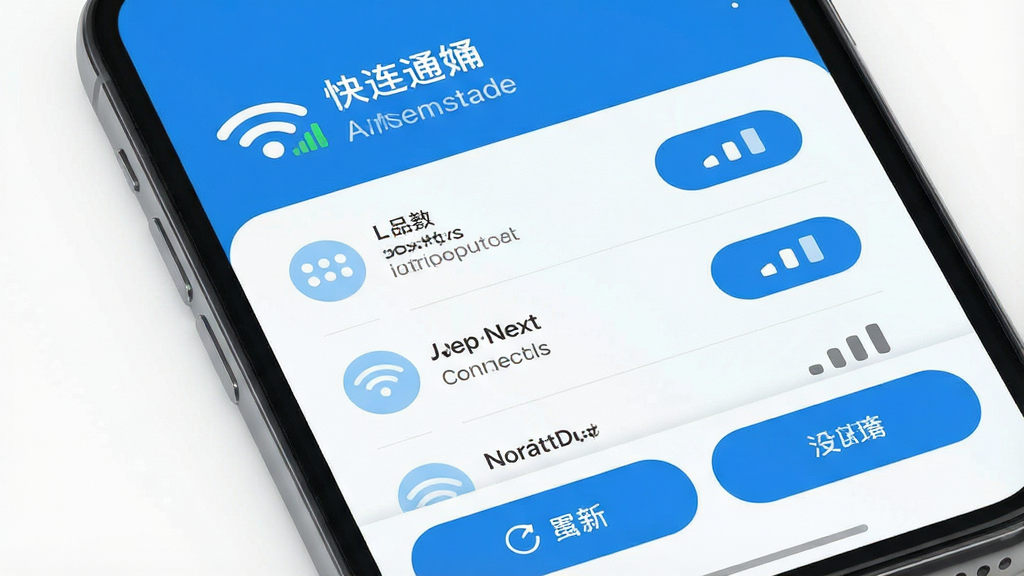 һ���ֻ���Ļ��дչʾ����ͨ���������棬������ʾWiFi�ź�ǿ��ͼ���������״̬���м��Ǹ������������б���ÿ�������Ҳ������Ӱ�ť���źŸ񣬵ײ���ˢ�º�����ѡ��������������ɫ������������࣬����ִ���ƽ����ϸ��Բ�󣬻��ʸɾ��޶���Ԫ��