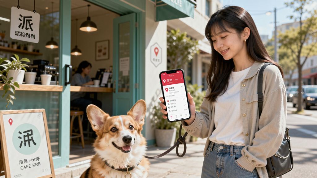 �ɵ�Appʹ�ó���ͼ��һλ����Ů��ǣ�ſ»�Ȯվ�ڳ����Ѻÿ��ȹ��ſڣ����������ֻ���Ļ��ʾ�ɵ��ĵص�����ҳ���������������ĵĽֵ������дʵ���������ʸɾ�
